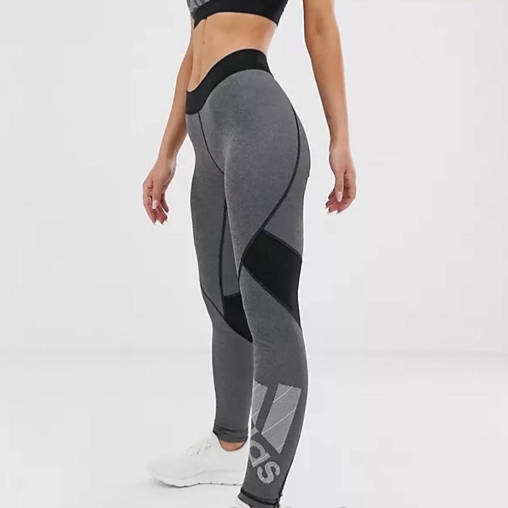 Adidas Women’s Training Logo Mesh Insert Leggings In Charcoal Grey & Black